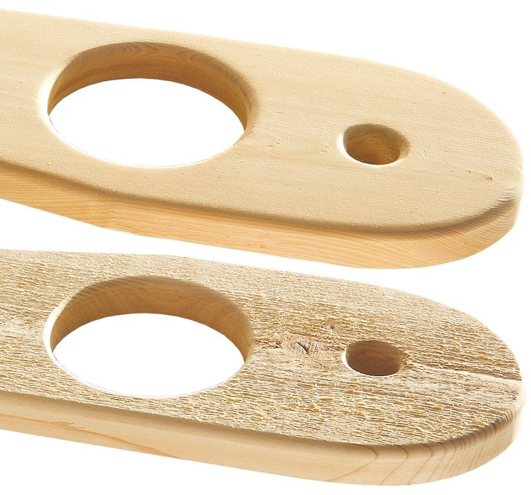 A pair of wooden spoons with one missing the handle.