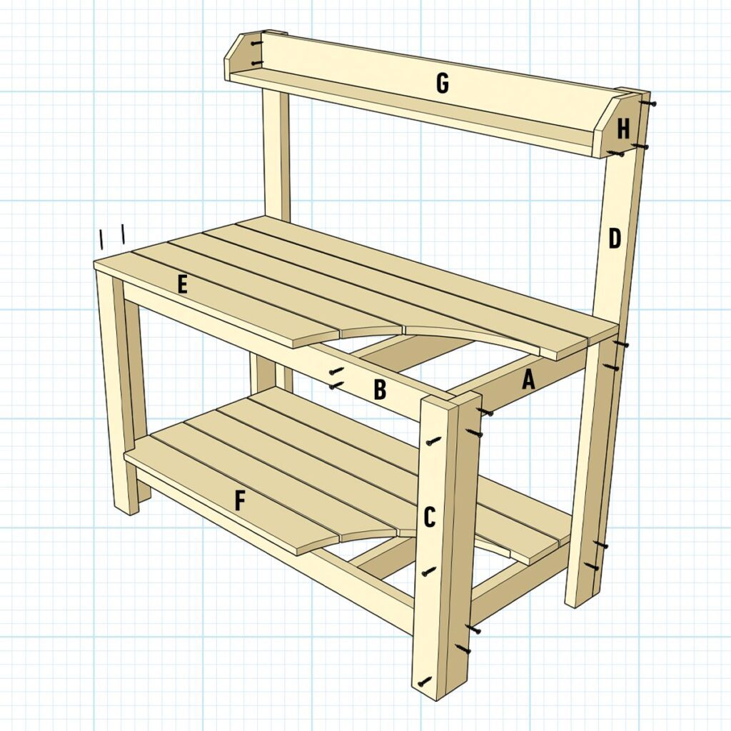 A wooden bench with shelves and measurements.