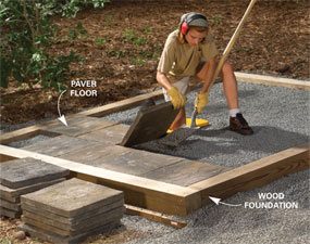 A man is working on the ground in his backyard.