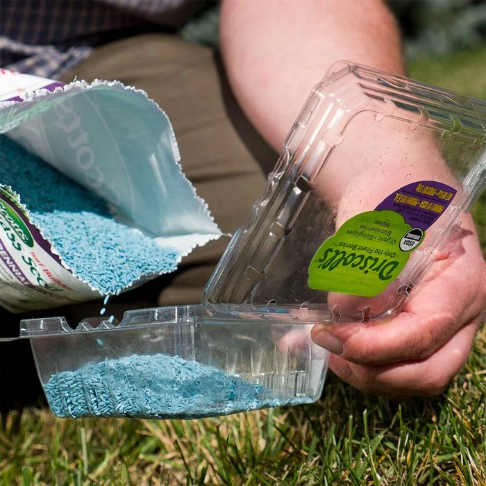 A person holding a plastic container with blue sand inside.